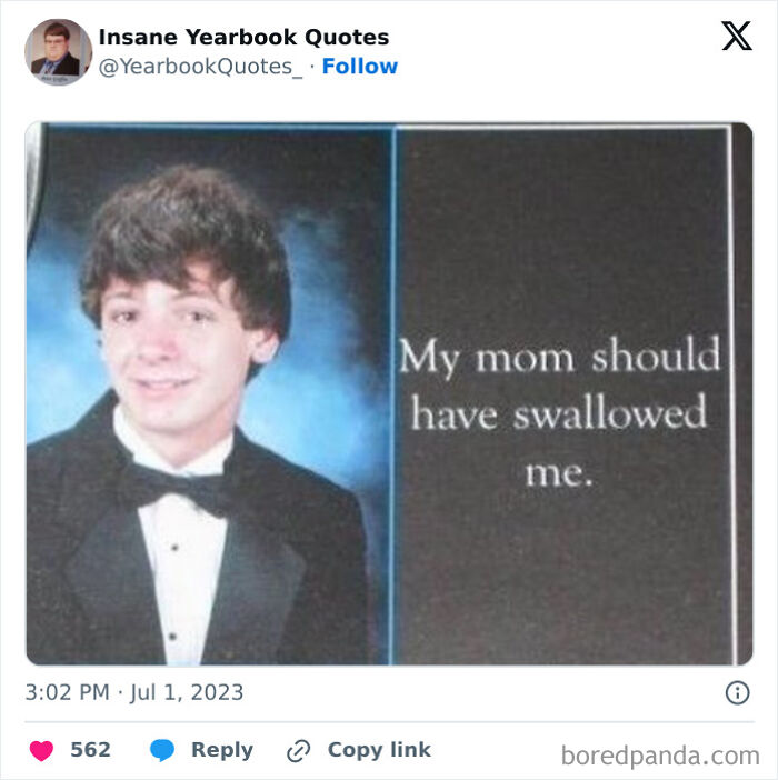Yearbook quote with a student in tuxedo and a bold statement about life in a classic senior portrait setting.