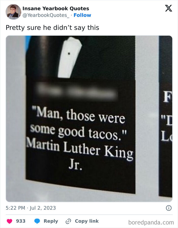 Yearbook quote humor featuring a misattributed funny quote about tacos on a graduation photo.