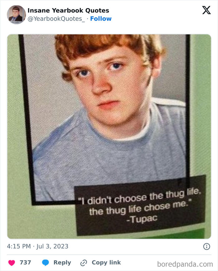 Yearbook photo of a teenage boy with a Tupac quote, showcasing one of the epic yearbook quotes shared online.