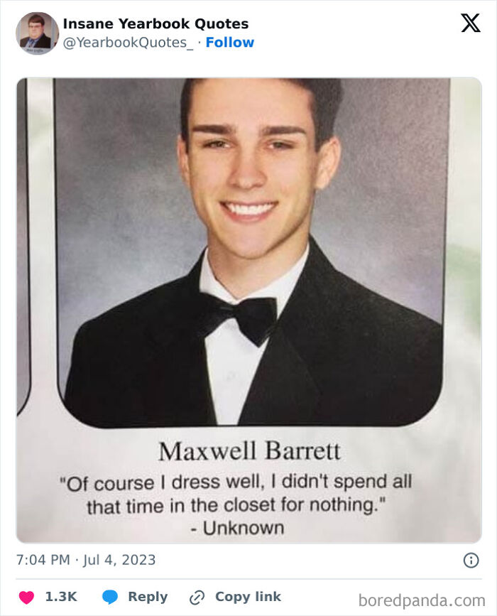 Young man smiling in tuxedo for yearbook photo with epic quote about dressing well.