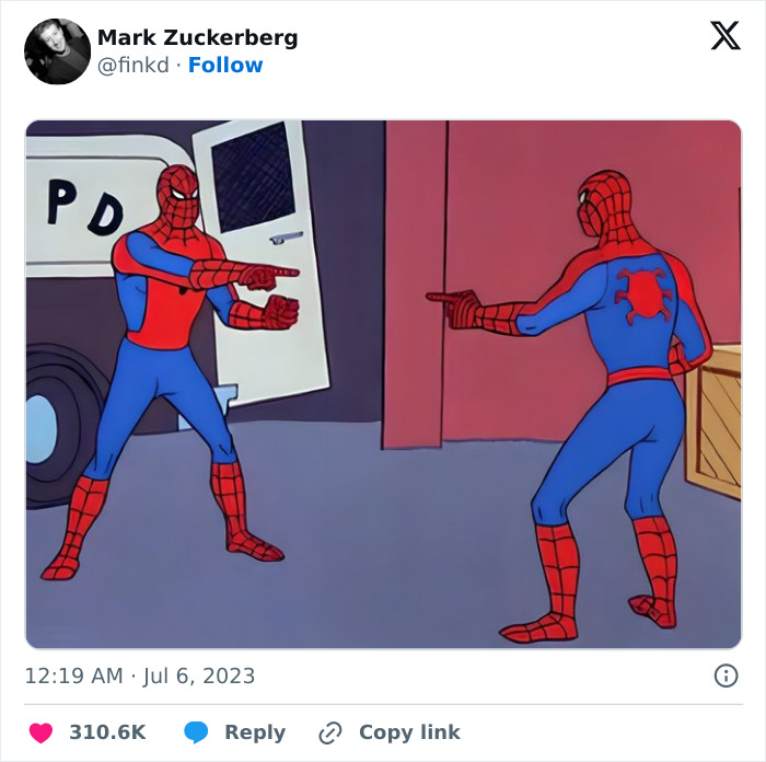 Two Spider-Man characters pointing at each other, representing a popular funny meme from 2023.