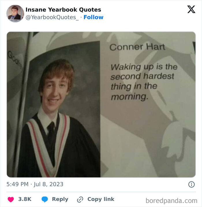 Yearbook quote about waking up being the second hardest thing in the morning, with a smiling student in graduation attire.