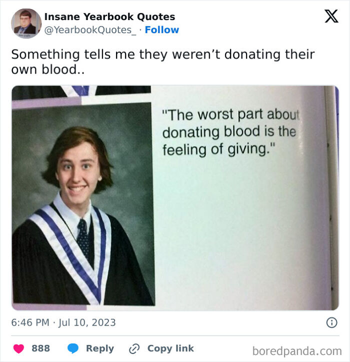 A yearbook photo with a funny quote about donating blood, highlighting popular yearbook quotes shared online.