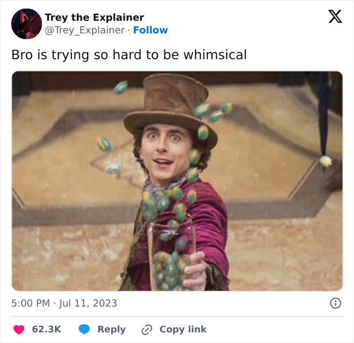 Man in a colorful suit and top hat, humorously tossing candies, illustrating 2023's funny memes trend.