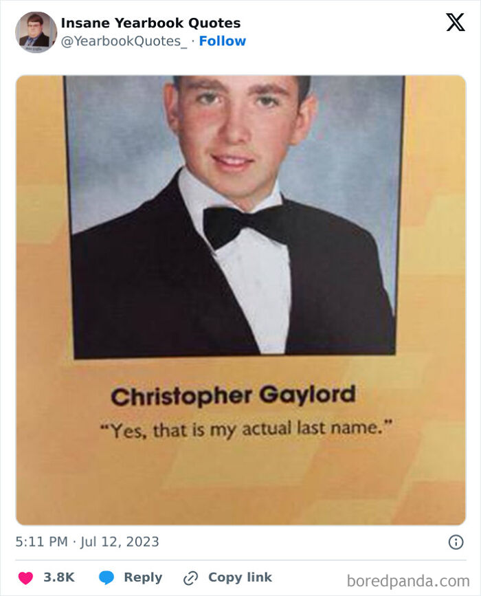 Young man with bow tie shares an epic yearbook quote about his last name for a humorous touch.