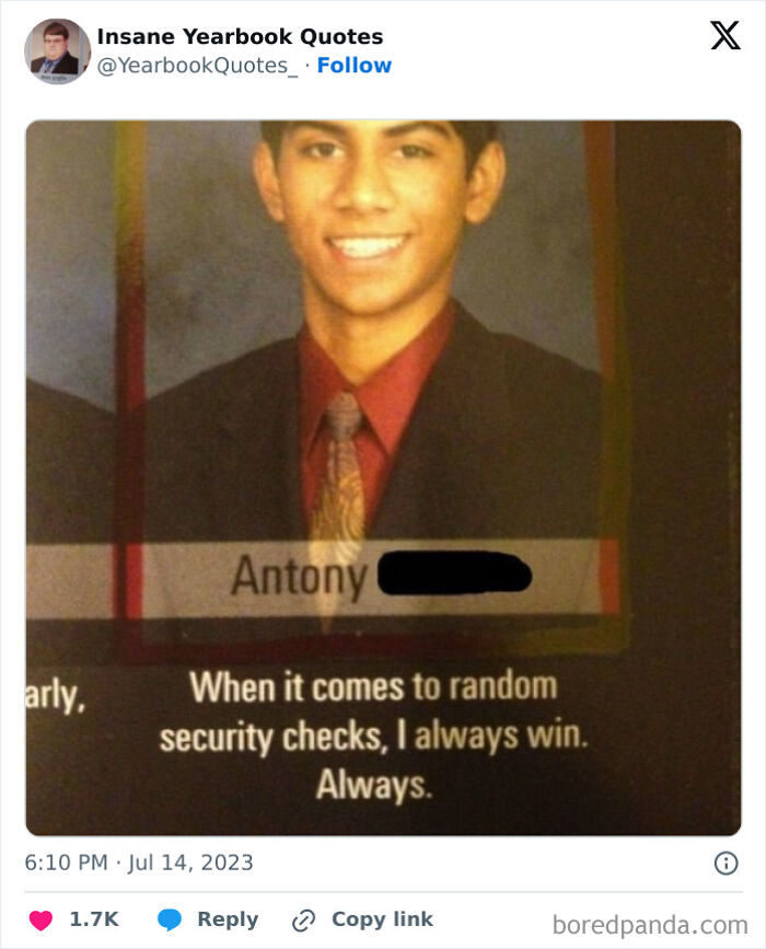 Smiling student with a red tie shares a witty yearbook quote about random security checks.