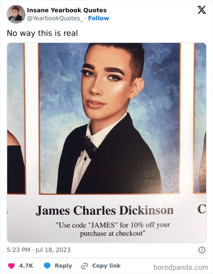 Yearbook photo with an epic quote offering a discount code for online purchases.