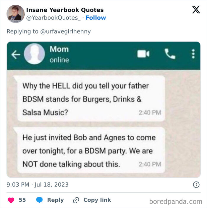 Screenshot of a humorous text conversation referencing funny and epic yearbook quotes shared online.