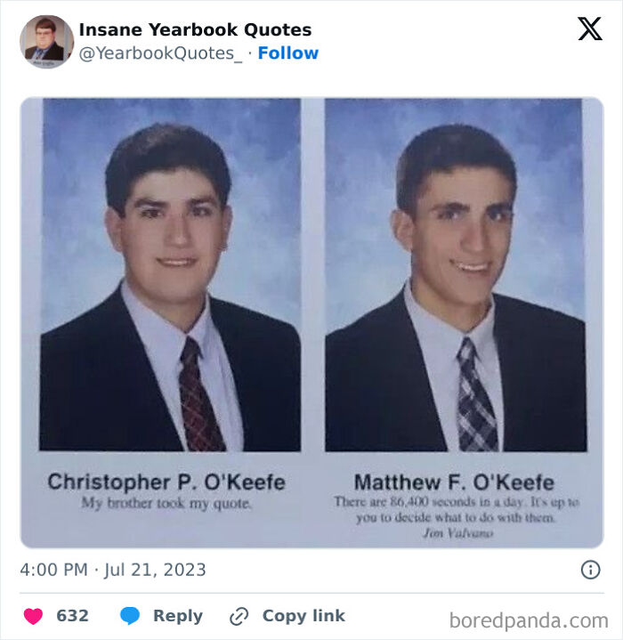 Two male yearbook photos with humorous quotes featured in epic yearbook quotes shared online.