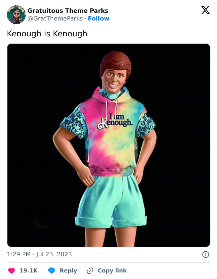 Barbie doll in colorful hoodie with "I am Kenough" text, part of the top funny memes 2023.