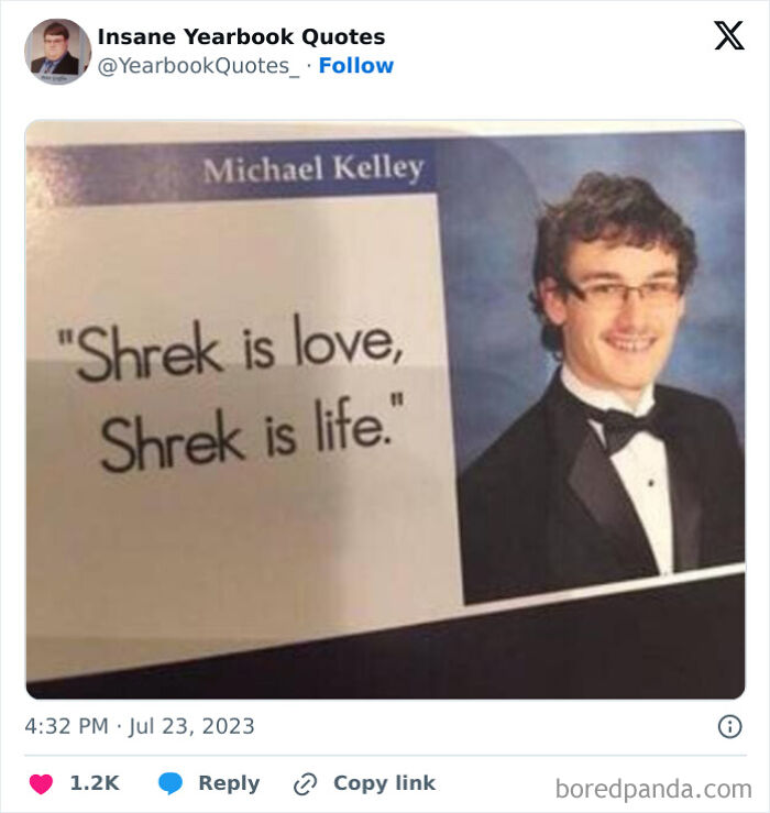 High school senior in tuxedo with glasses shares a funny yearbook quote referencing Shrek in epic yearbook quotes.