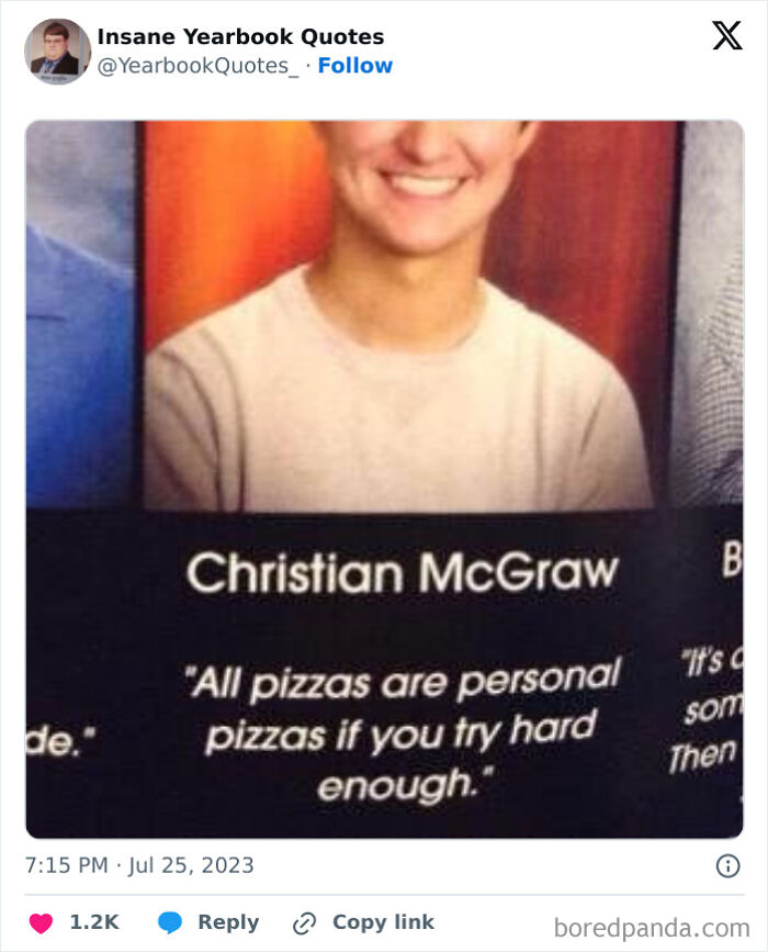 Yearbook quotes image showing a student’s humorous message about personal pizzas as an epic yearbook quote.