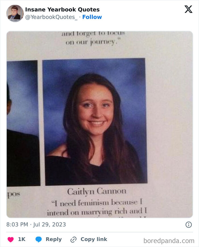 Female student smiling in a yearbook photo with a memorable and epic yearbook quote about feminism and future goals.
