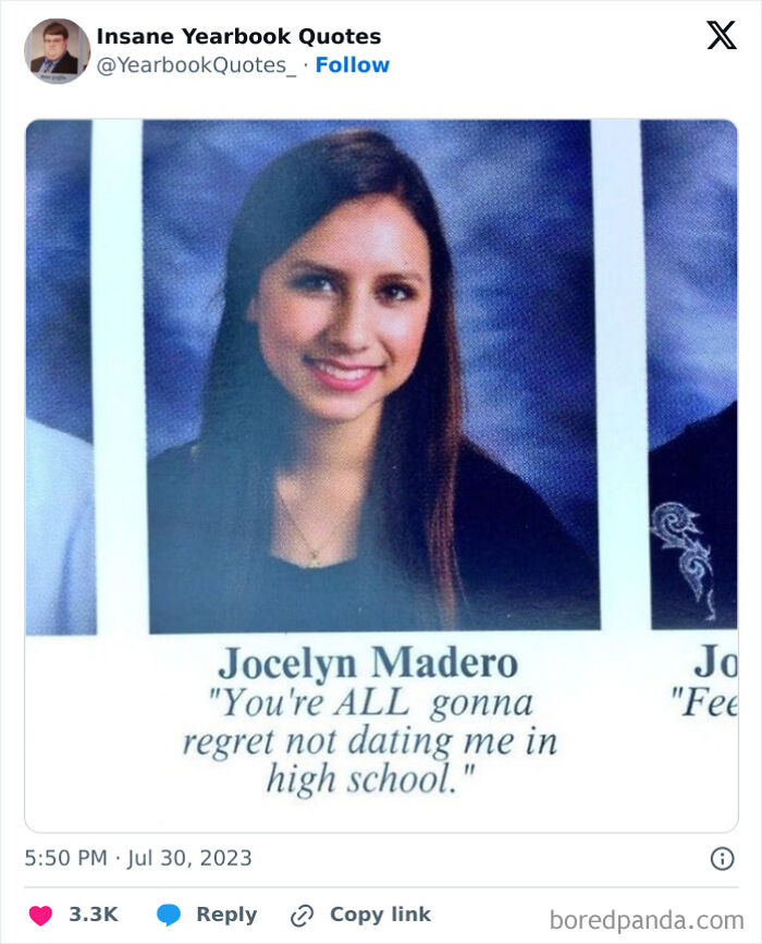 Yearbook photo of a smiling young woman with a bold yearbook quote about high school dating regret.