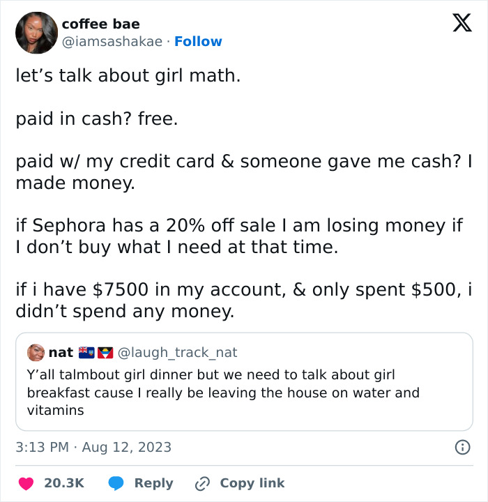 Funny meme about "girl math" in 2023, humorously discussing spending logic and savings on sales.