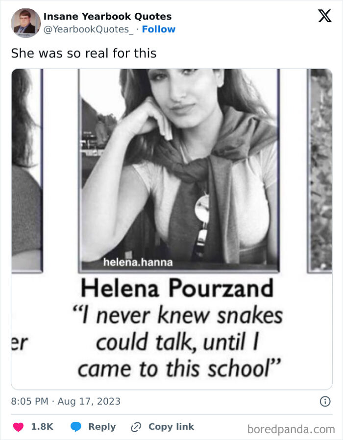 Woman with a humorous yearbook quote about snakes talking at school.