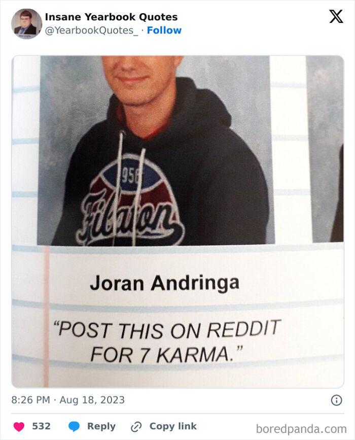 Yearbook photo of a student with a humorous quote shared in popular yearbook quotes on social media.