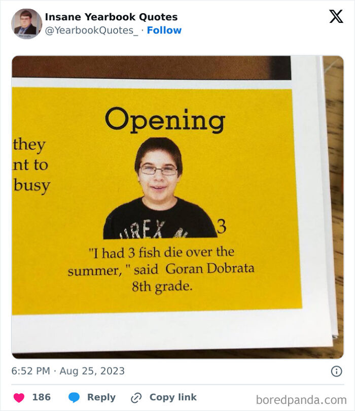 A yearbook page showing an 8th grader’s funny quote featured in epic yearbook quotes shared online.