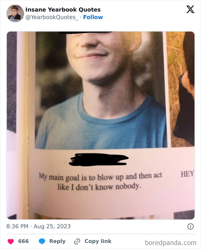 Yearbook quotes featuring a student smiling and a humorous epic quote about blowing up and acting like a stranger.