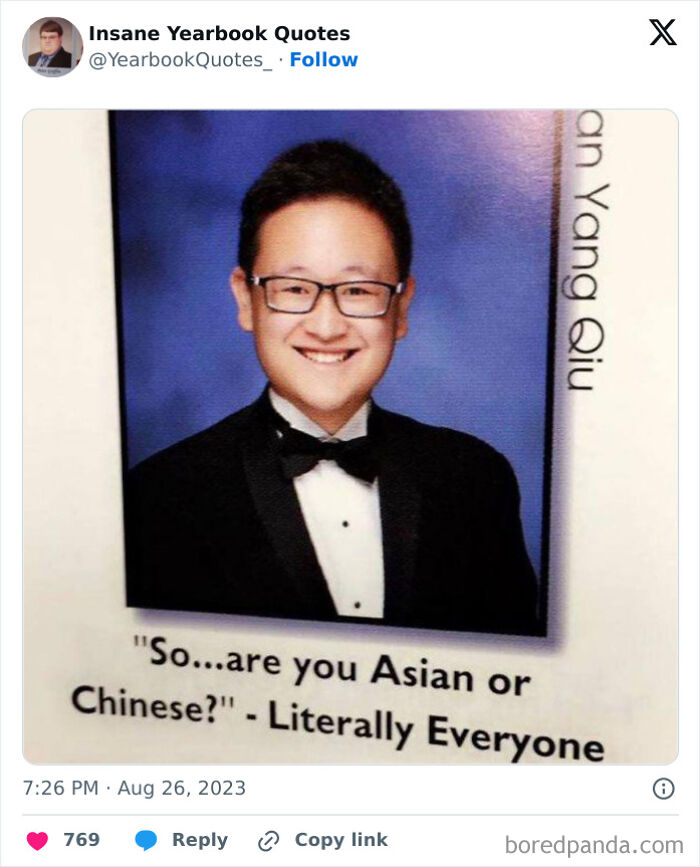 Smiling student in tuxedo with glasses shares epic yearbook quote about identity.