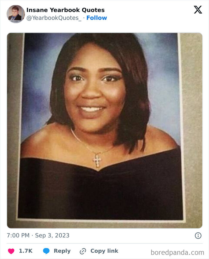 Senior portrait of a young woman smiling for a classic yearbook photo featuring popular yearbook quotes.