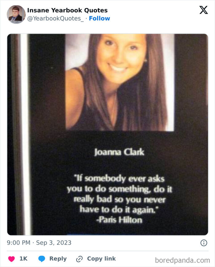 Yearbook quote from Joanna Clark featuring a humorous Paris Hilton saying about doing tasks really badly.