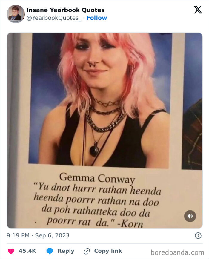 Person with pink hair and piercings sharing a humorous yearbook quote.