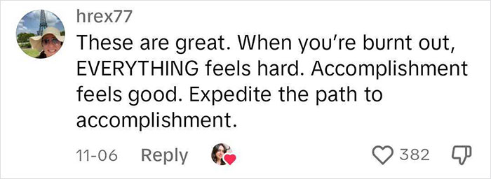Commenter shares burnout advice emphasizing accomplishments for fast relief.