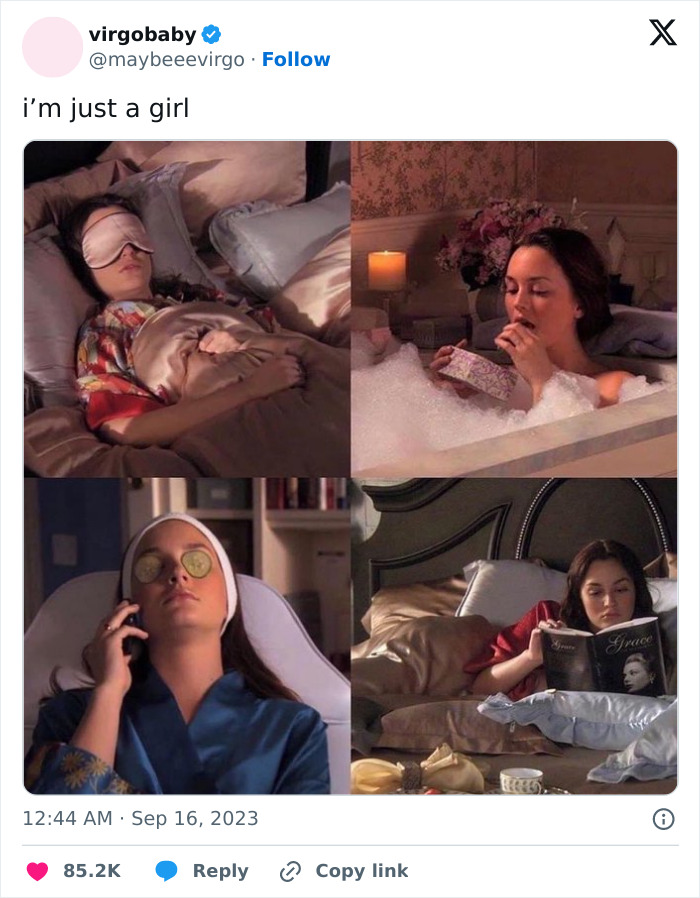 Four-panel funny meme depicting a woman's relaxing day: sleeping, bathing, pampering, and reading.