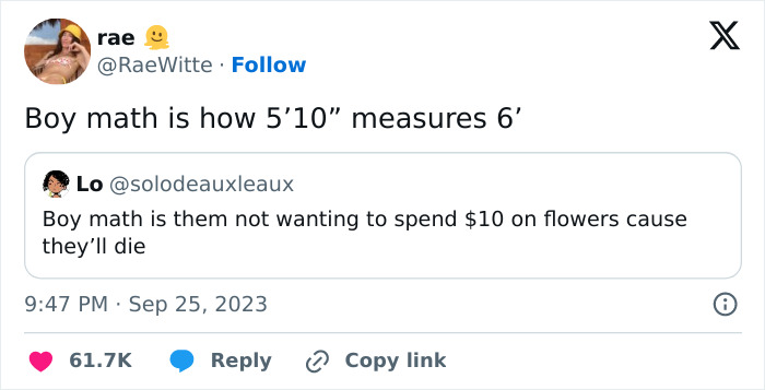 Social media post about funny memes, highlighting a humorous take on "boy math" calculations.