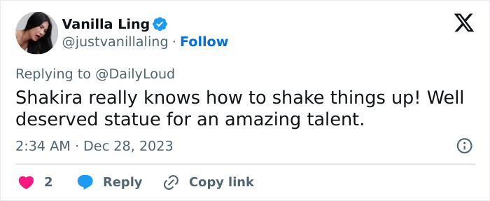 Tweet about Shakira's statue unveiling in Colombia, praising her talent and impact.