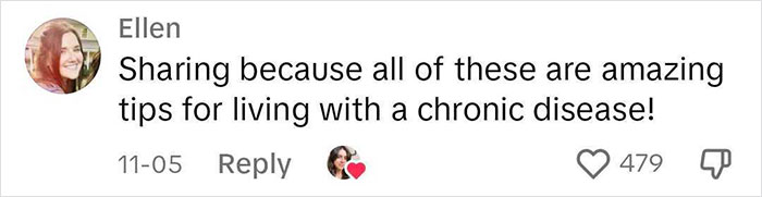 Comment by Ellen discussing tips for living with chronic disease with 479 likes.