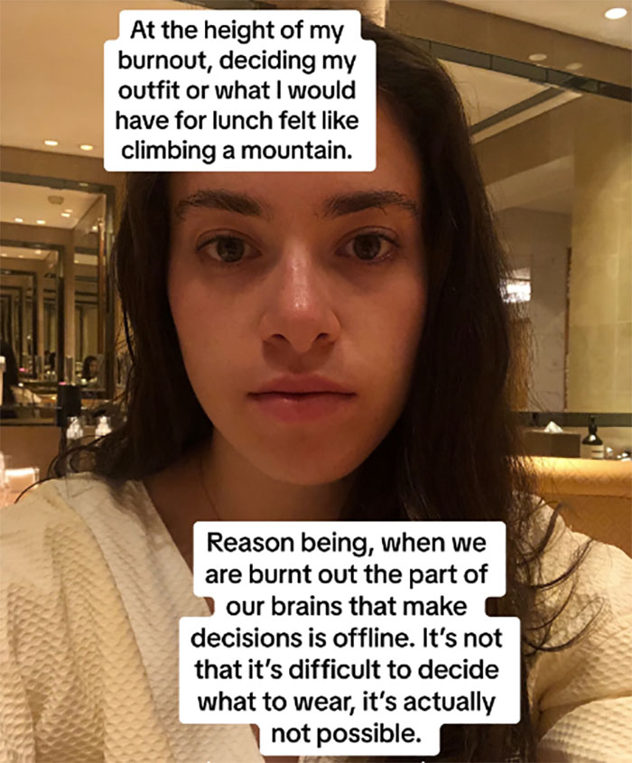 Woman discusses burnout experience, highlighting how being "boring" eased decision fatigue in daily life.