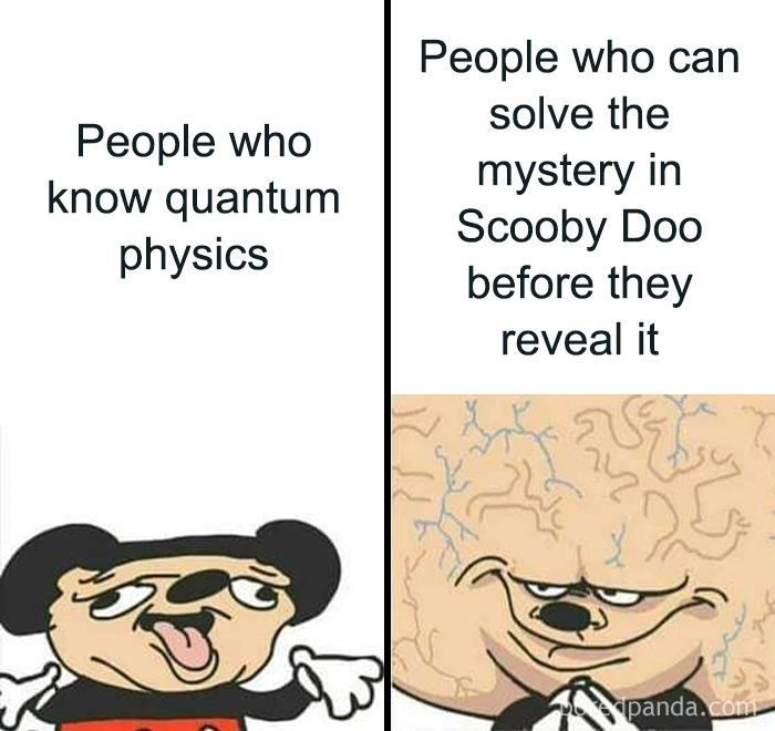 Two-panel meme comparing people who know quantum physics to those solving Scooby Doo mysteries.