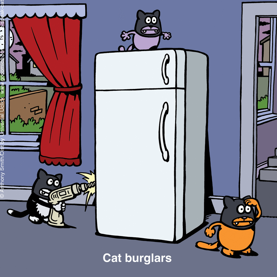 Cartoon cats acting as burglars around a refrigerator, illustrating the nature of cats in a humorous comic style.