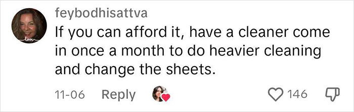 Social media comment suggesting monthly cleaner for reducing burnout.