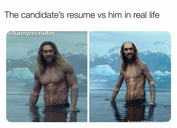 Split image of Aquaman with perfect and humorous altered body, from Funny Recruiter meme page.