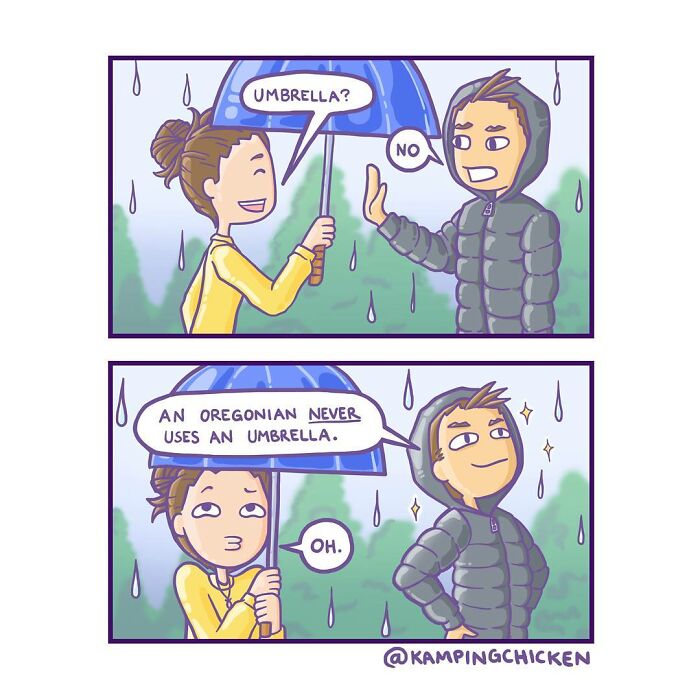 Comic artist illustrates quirky life moments with humor, featuring a rainy day umbrella debate in a relatable scene.