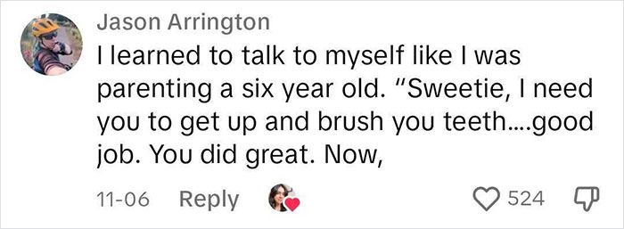 Comment discussing burnout advice on being kind to oneself, with the text featuring a parenting analogy.