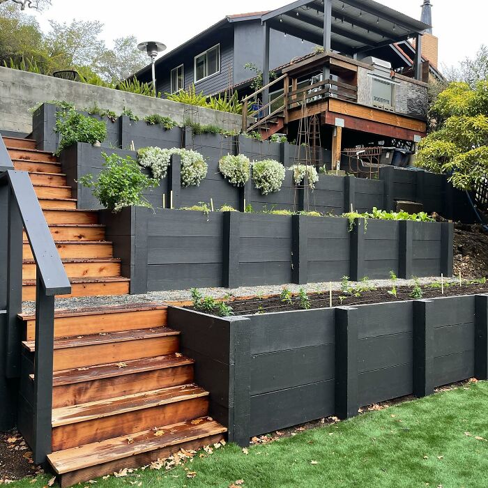 Wooden terracing and stairs in a sloping backyard creating chic outdoors with budget-friendly backyard ideas.