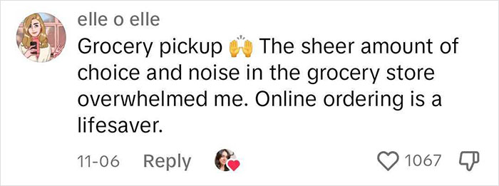 Comment about grocery pickup and online ordering reducing overwhelm, related to advice on handling burnout by being boring.