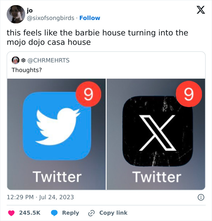 Funny meme comparing Twitter's icon to a new black 'X' icon with a humorous comment about style change.