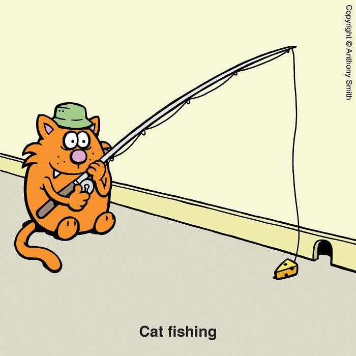 Cartoon cat fishing with a rod inside a home, illustrating the quirky nature of cats in a comic style.