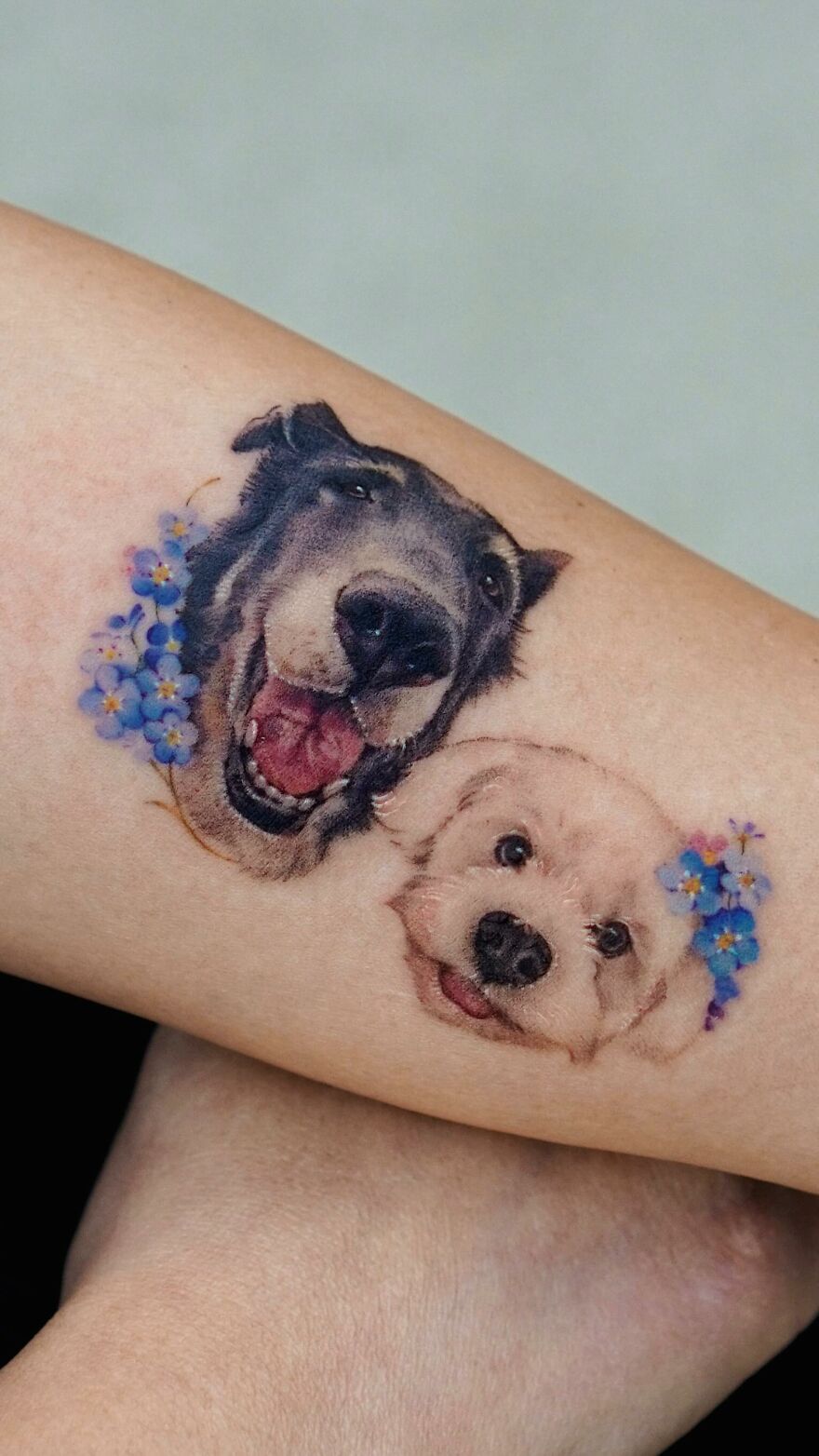 Nature-inspired tattoo of two dogs with blue flowers by Korean ink artist.
