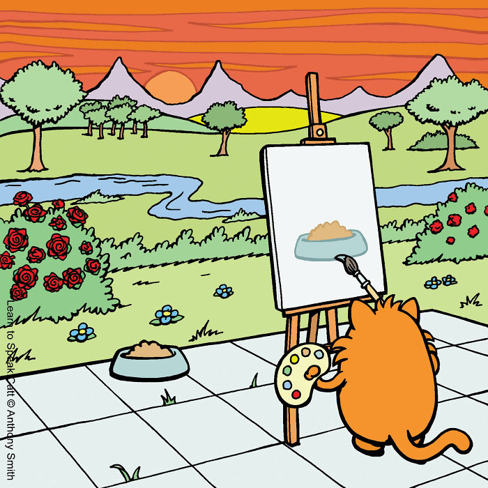 Orange cat painting its food bowl on a canvas outside at sunset, illustrating the nature of cats in an artistic comic style.