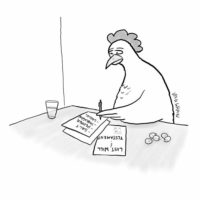 Cartoon chicken humorously writing a will, with nuts on the table, illustrating daily life comedy.