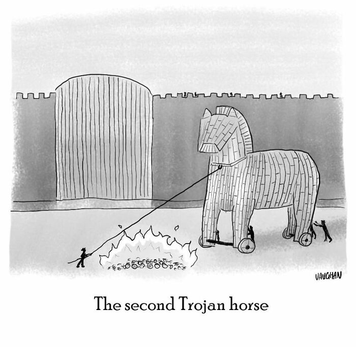 A cartoon by Vaughan Tomlinson showing a second Trojan horse being pulled through a gate.