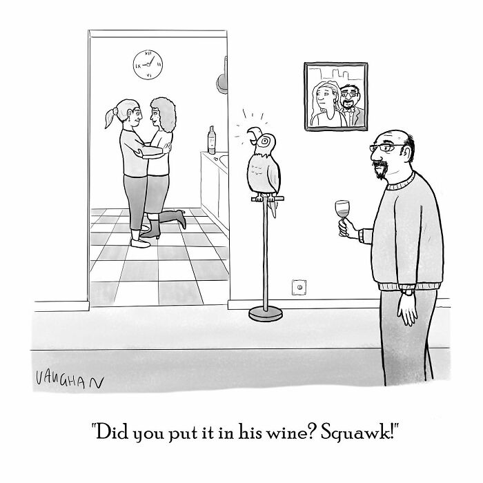 Comic by Vaughan Tomlinson showing a talking parrot revealing a secret about wine in a humorous daily life scene.