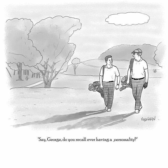 Two golfers walking and chatting humorously, highlighting daily life humor in Vaughan Tomlinson's comic.