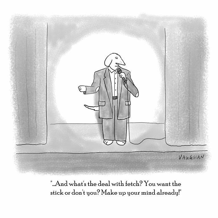 A dog in a suit doing stand-up comedy, highlighting humor in daily life.